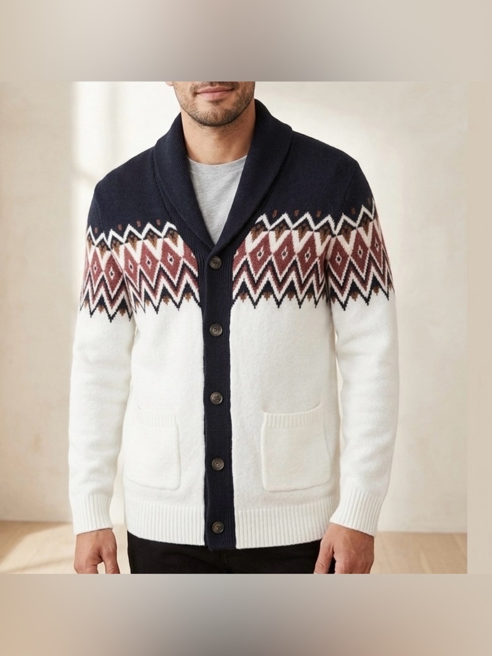 Old Navy Fair Isle Button Up Knit Long Sleeve Sweater Cardigan Mens Size M Tall